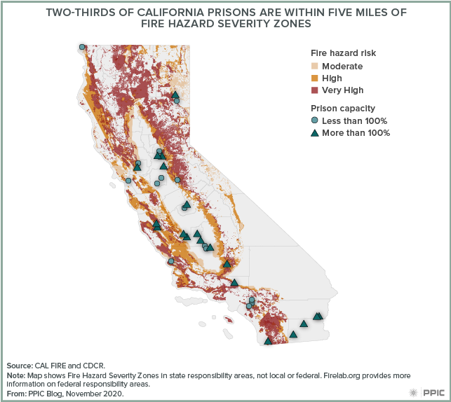 Map - Two-Thirds of California Prisons Are within Five Miles of Fire Hazard Severity Zones