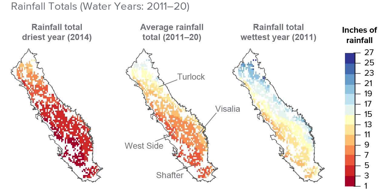 figure 1 - Rainfall varies widely across irrigated cropland in the valley, and is lowest in the south and west