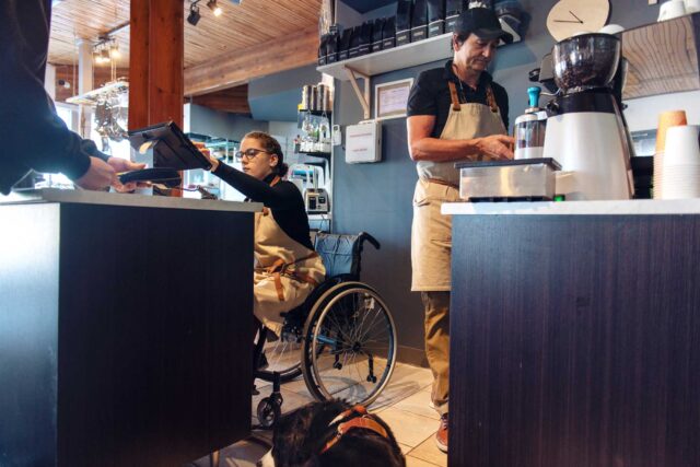 photo - Woman in Wheelchair and with Guide Dog Working at Cafe