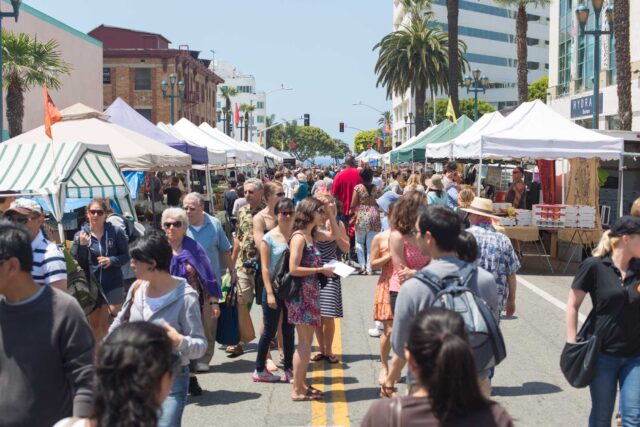 photo - Crowd of People at Farmers Market in Santa Monica, California